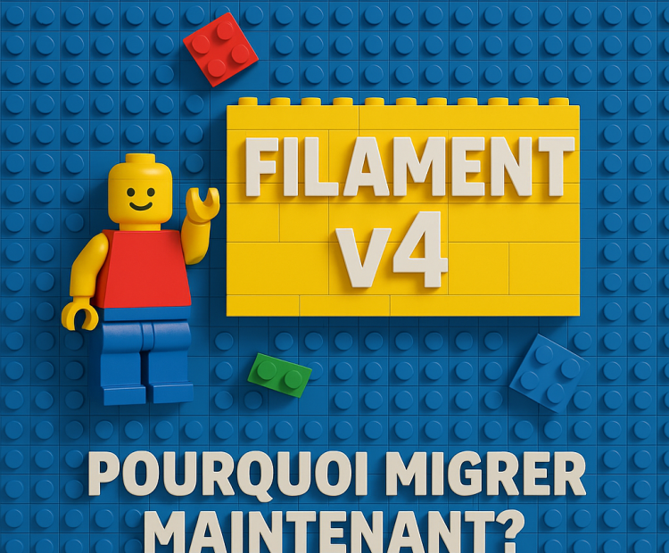 Jouet Lego sur fond bleu, texte "FILAMENT V4".
