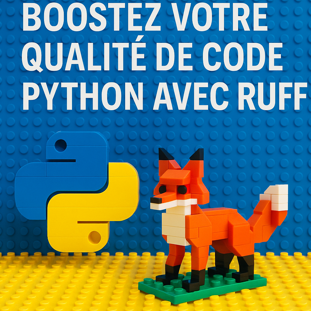 Logo Python en briques, renard en LEGO sur fond bleu et jaune.