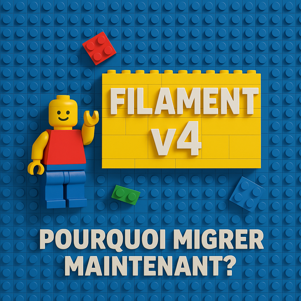 Lego toy on a blue background, text "FILAMENT V4".