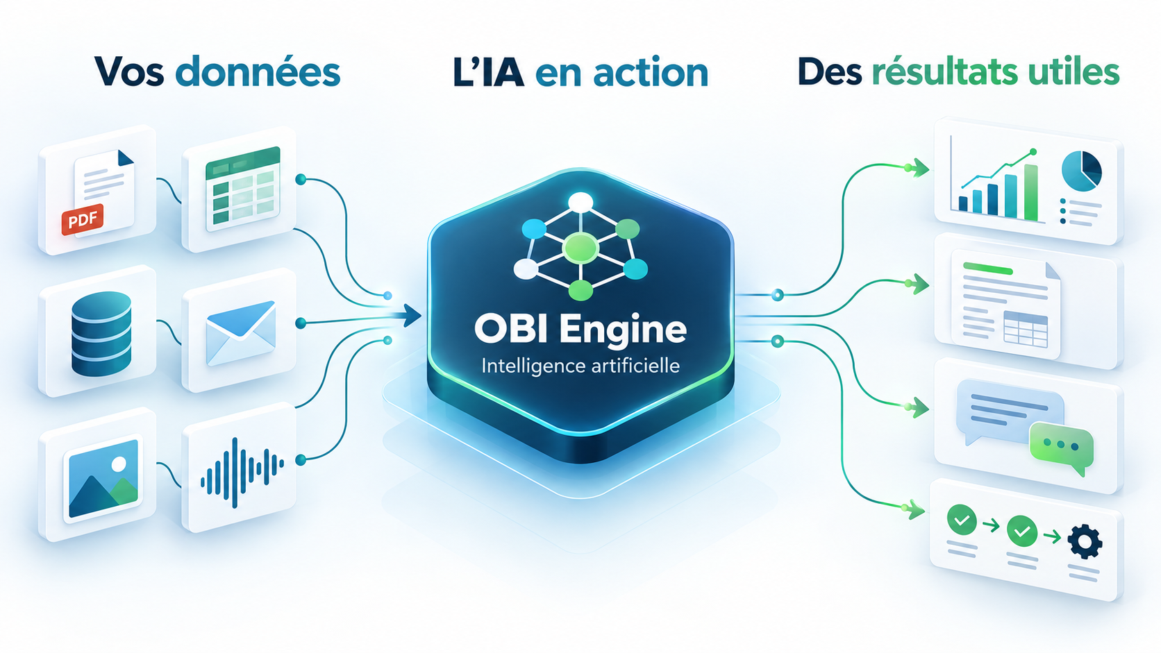 Documents, tableaux, bases de données, e-mails, images et sons sont traités par l’intelligence artificielle d’OBI Engine pour produire des analyses, documents, réponses et actions automatisées.
